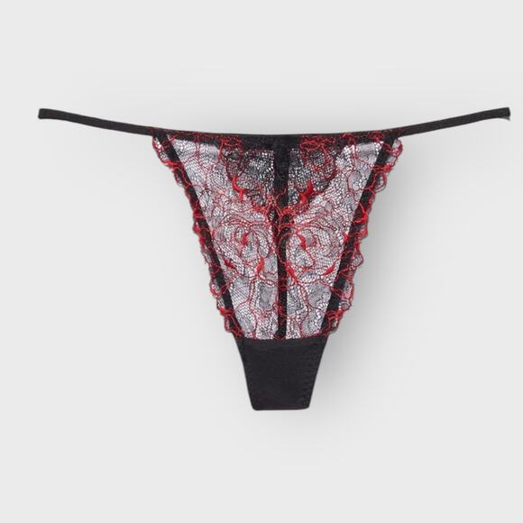 Savage X Fenty Embroidered Lace G String 1X Black Red Gothic Lingerie Romance - Picture 1 of 7
